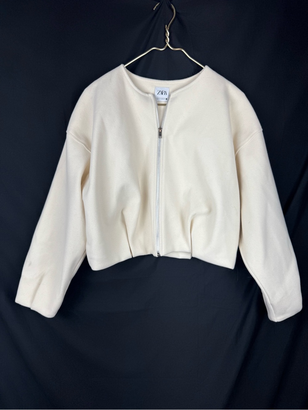 ZARA Womens Cream Off White Full Zip Cropped Jacket Medium Minimalist Casual M